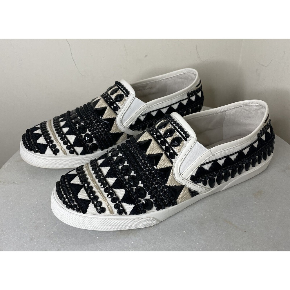 Alice + Olivia Beaded Embroidered Slip On Sneaker Shoe Black White Women Sz 10M